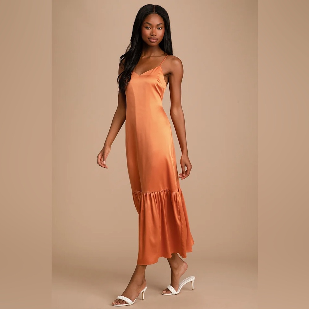 LULU’S Satin Copper Orange Maxi Dress